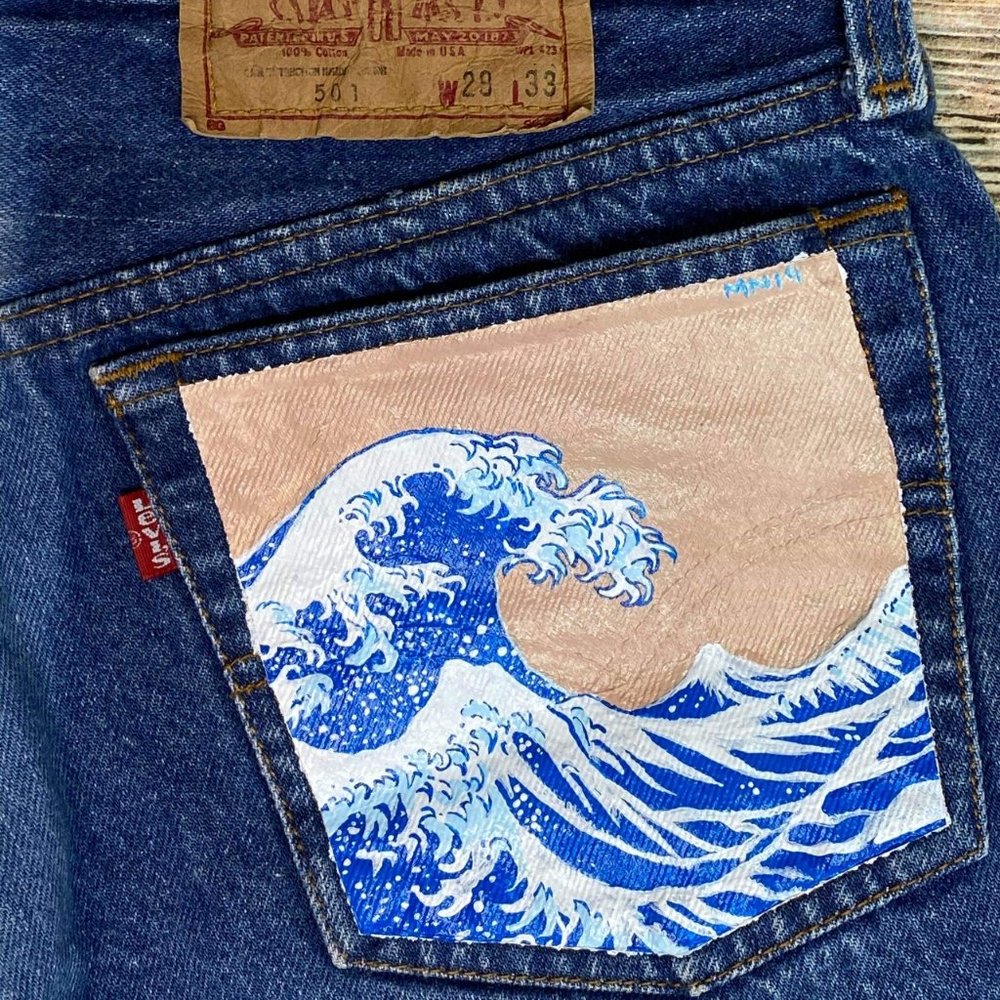 Levi's Denim Shorts 501 Button Handpainted Vintage - Picture 3 of 4